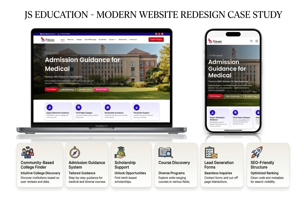 JS Education website redesign and SEO case study for college discovery and student guidance