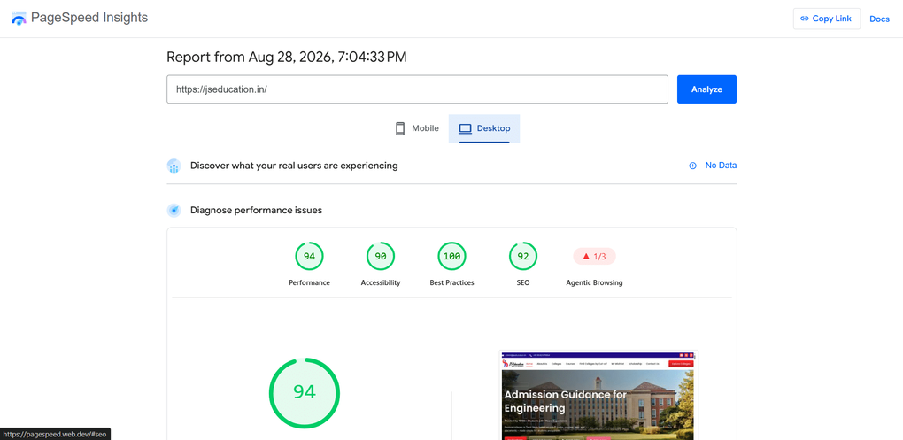 JS Education Google PageSpeed Insights Performance Result