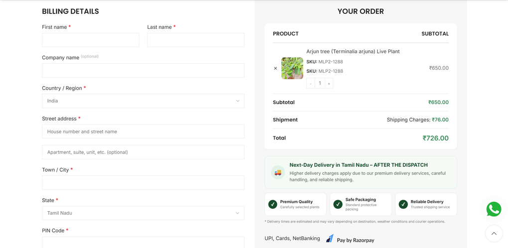 Checkout page showing billing details form and order summary for an Arjun tree live plant