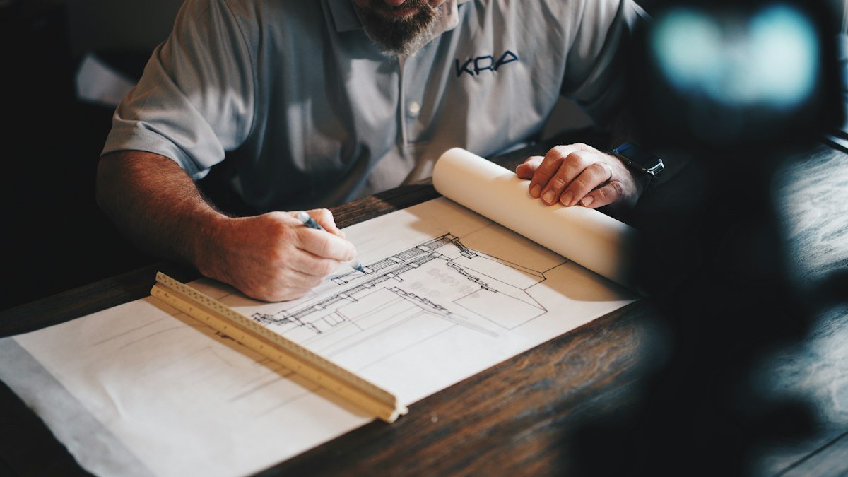 Australian commercial trade contractor and architect reviewing building blueprints and specifications on commercial construction site