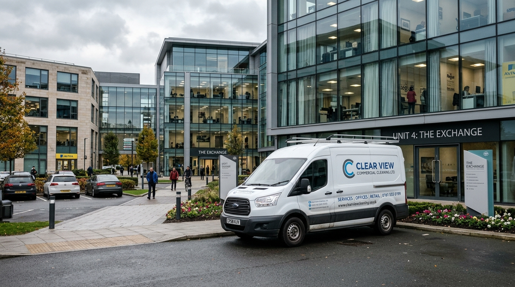 Commercial cleaning service fleet van parked outside modern corporate business park in the UK