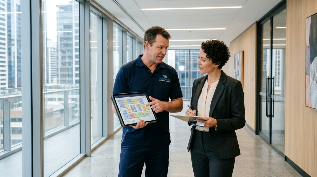 Commercial cleaning contractor reviewing digital floor plan on tablet with property manager during site walkthrough