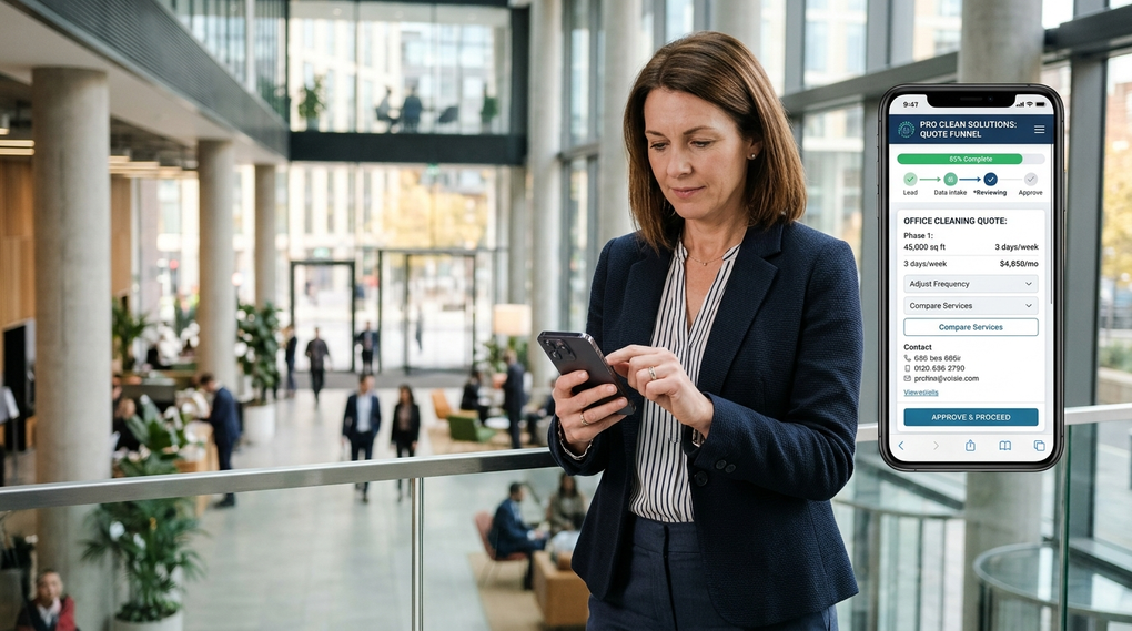 Operations manager testing interactive commercial cleaning quote funnel on smartphone