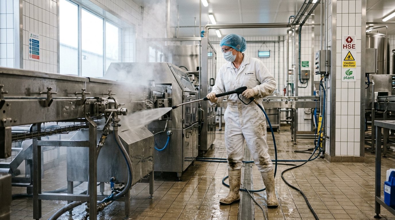Industrial cleaning technician power-washing stainless steel machinery in a UK food processing plant under strict hygiene standards