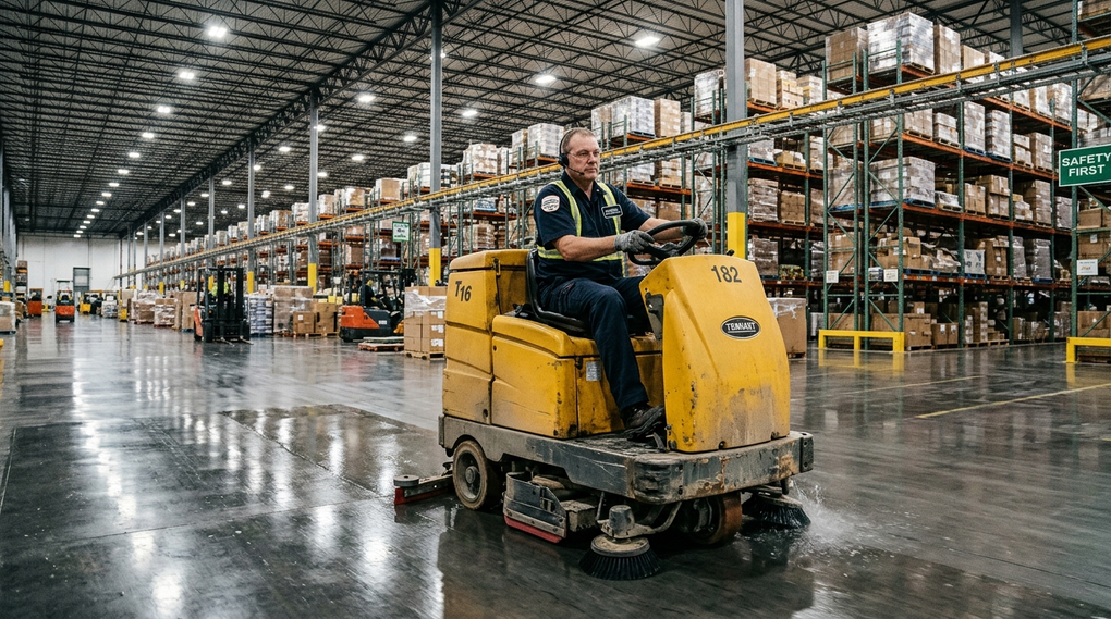 Industrial cleaning technician operating heavy-duty ride-on floor scrubber in modern logistics warehouse