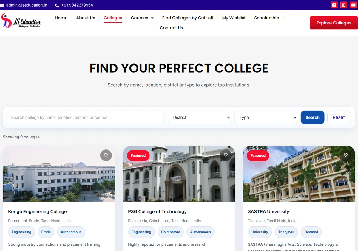 JS Education Searchable College Directory with Multi-Attribute Filters