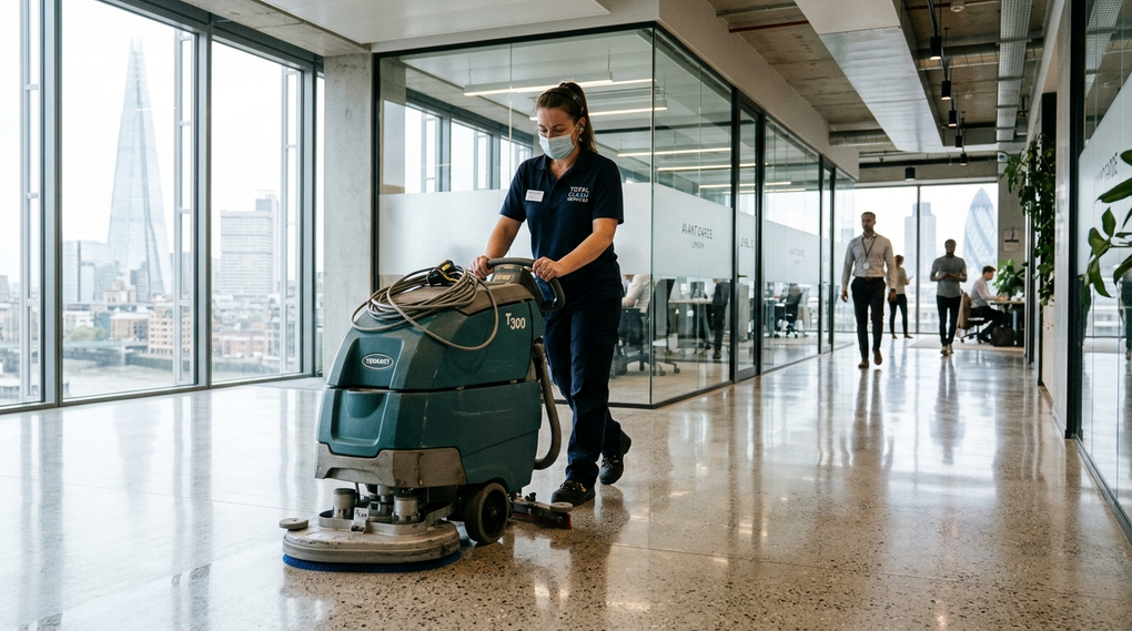 Commercial cleaning operative operating industrial walk-behind floor scrubber in modern corporate office
