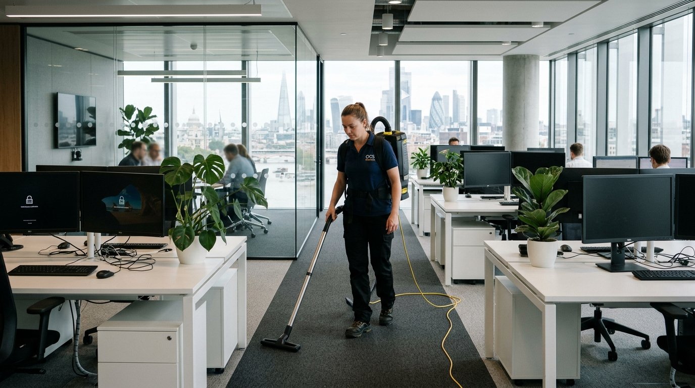 Commercial office cleaning operative vacuuming modern open-plan corporate workplace with backpack HEPA extraction
