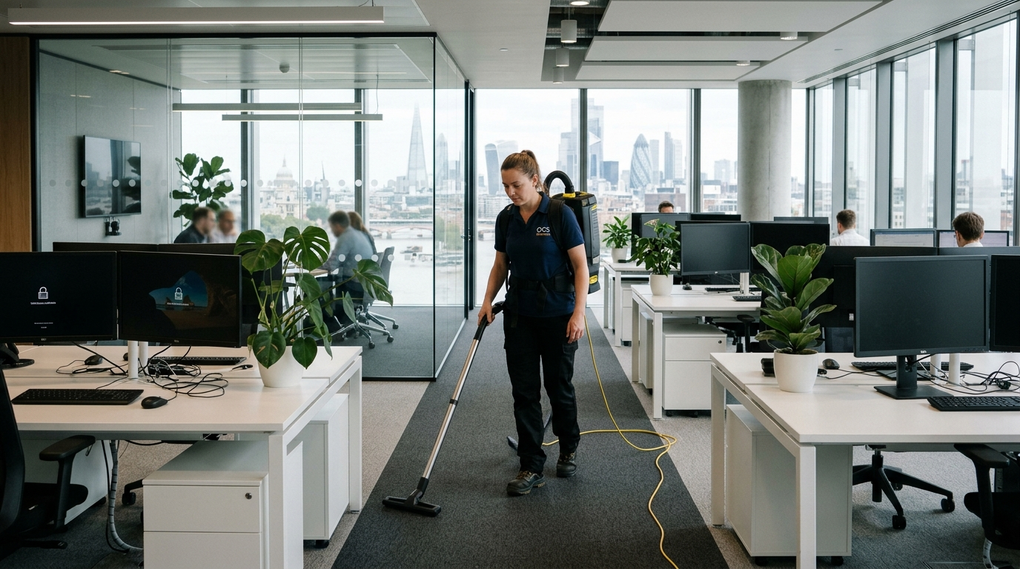Commercial cleaning technician performing evening corporate office sanitization in regional business district