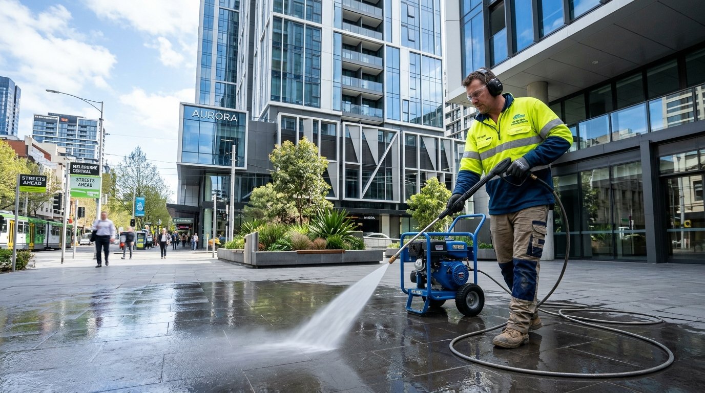Commercial strata cleaning specialist operating high-pressure washing machinery on commercial building pavement in Melbourne