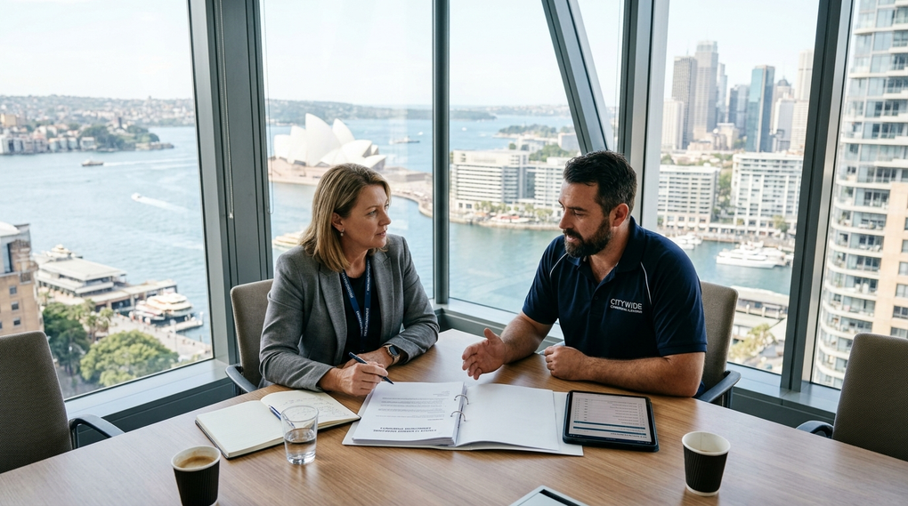 Australian strata property manager and commercial cleaning contractor reviewing website quote breakdown and pricing proposal in Sydney